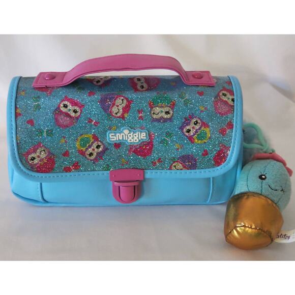 SMIGGLE Owl Purse/Handbag/Makeup Bag/Pencil Case Glitter Zippers Pom Poms  Blue - Picture 1 of 12